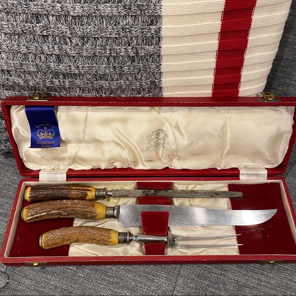 Vintage carving set antler handle Haddon Sheffield